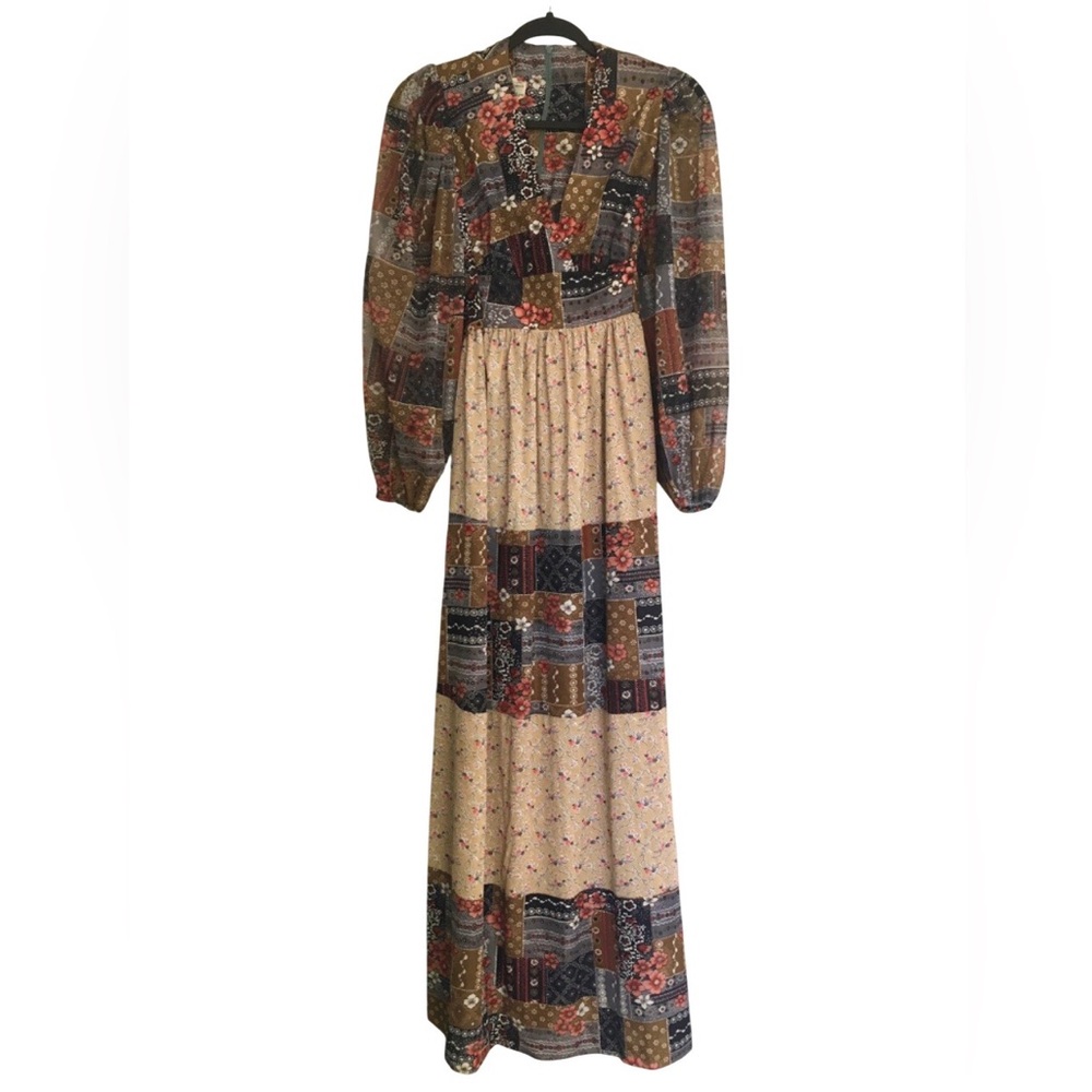 Vintage Patchwork Maxi Dress 70s Hippie XS